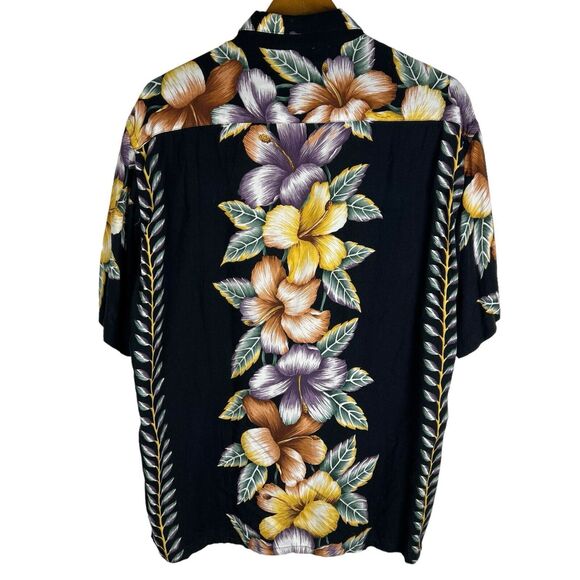 Pierre Cardin Hawaiian Camp Button Shirt Mens Sz Large Black Floral Beach Hawaii - Picture 3 of 6